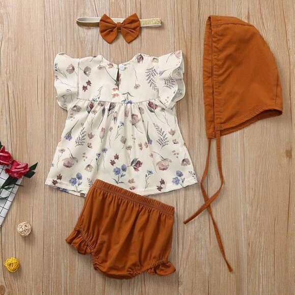 Baby Girl Adorable Fall Photoshoot Romper Blouse Headband and Hat Outfit - Picture 2 of 6